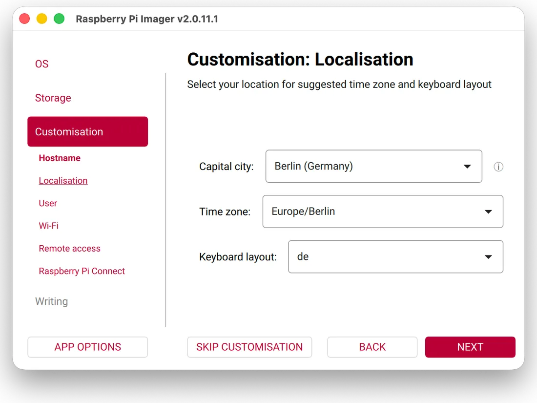 Imager settings, “Localisation”: Berlin, time zone Europe/Berlin, keyboard “de”.