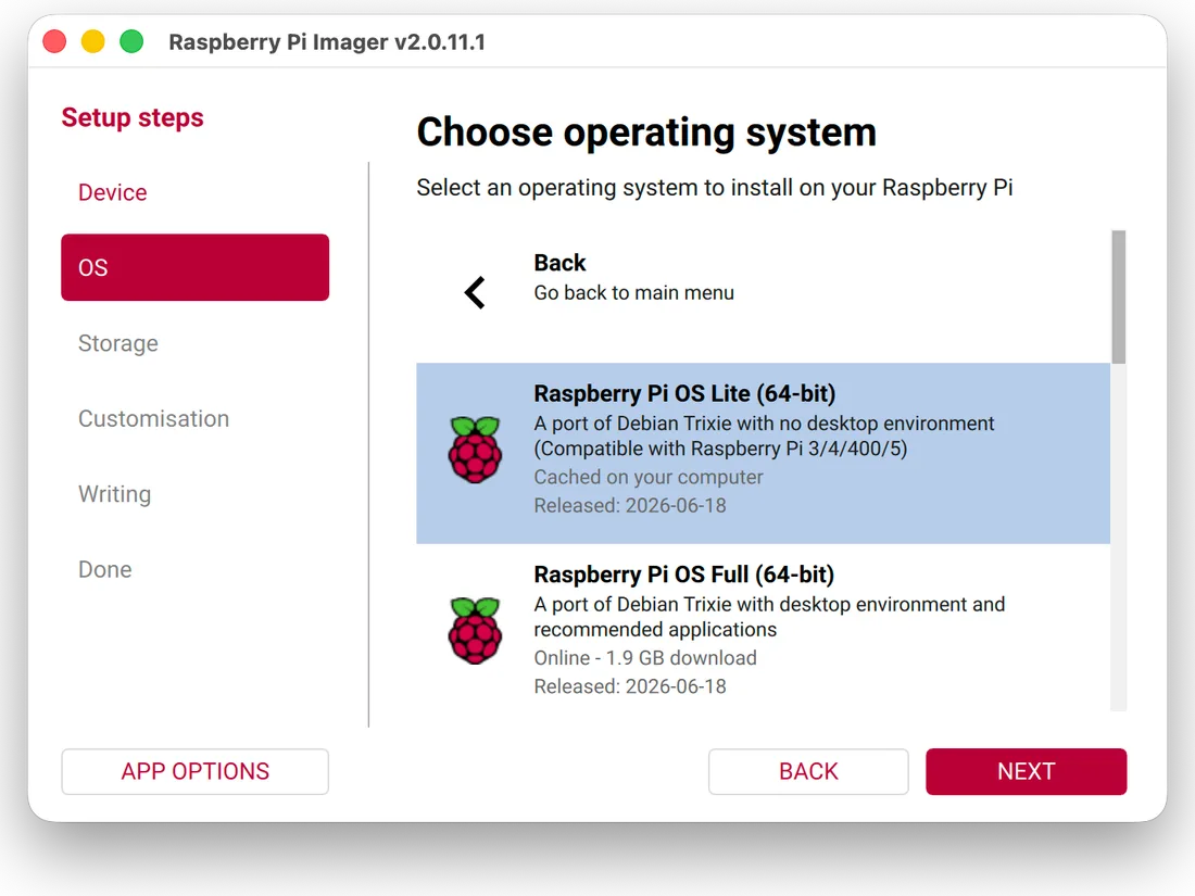Raspberry Pi Imager: “Raspberry Pi OS Lite (64-bit)” is selected.