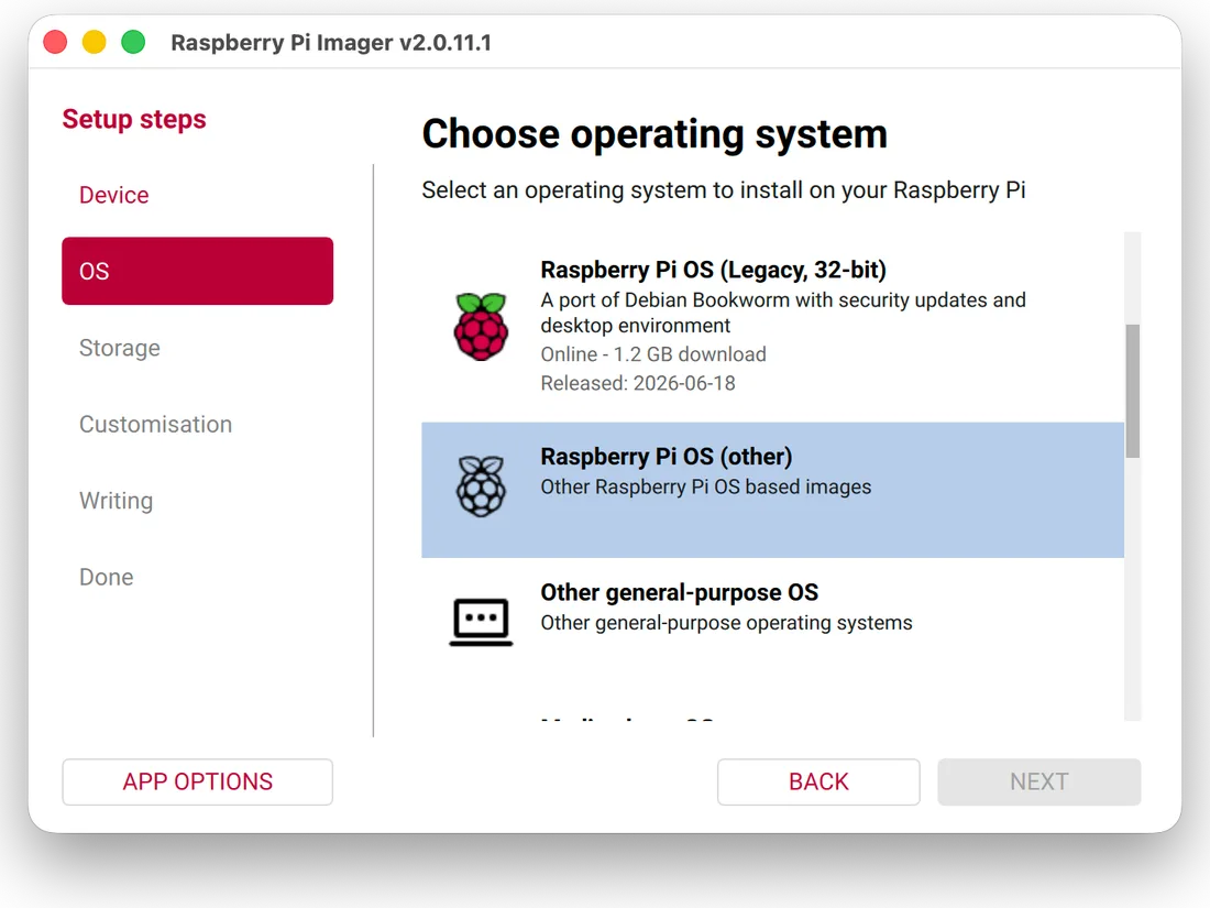 Raspberry Pi Imager, “Choose OS”: the “Raspberry Pi OS (other)” entry is highlighted.