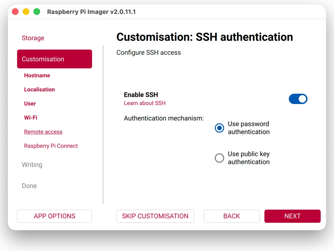 Imager settings, “SSH authentication”: SSH is enabled and “Use password authentication” is selected.