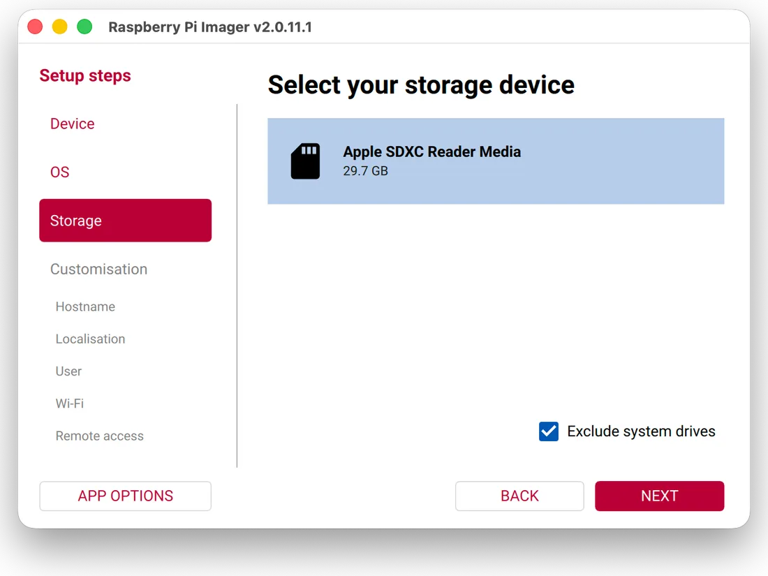 Raspberry Pi Imager, “Choose storage”: the SD-card reader is listed.