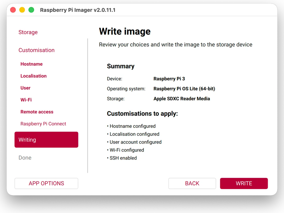 Imager, “Write image”: a summary of the chosen settings.
