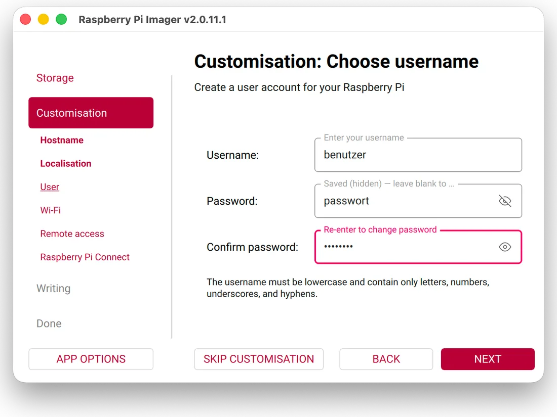 Imager settings, “User”: username “benutzer” and a password are set.