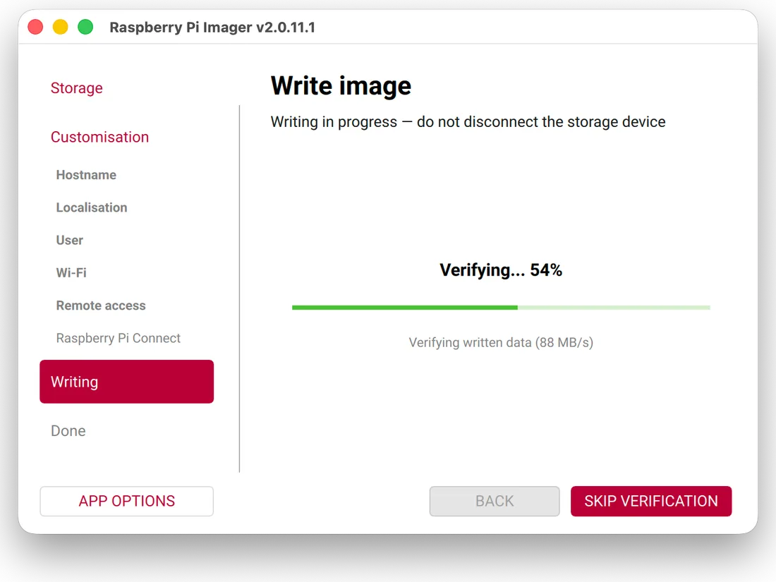 Imager: a “Verifying…” progress bar.
