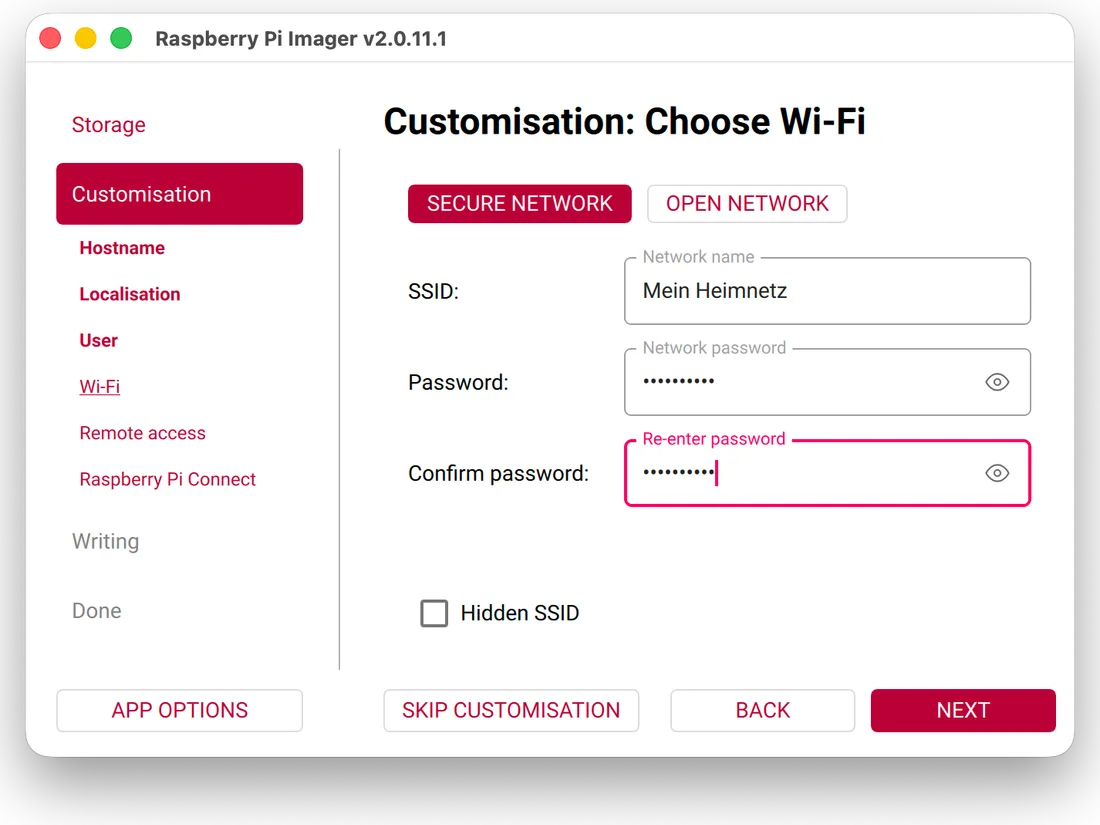 Imager settings, “Wi-Fi”: SSID “Mein Heimnetz” with a masked password.