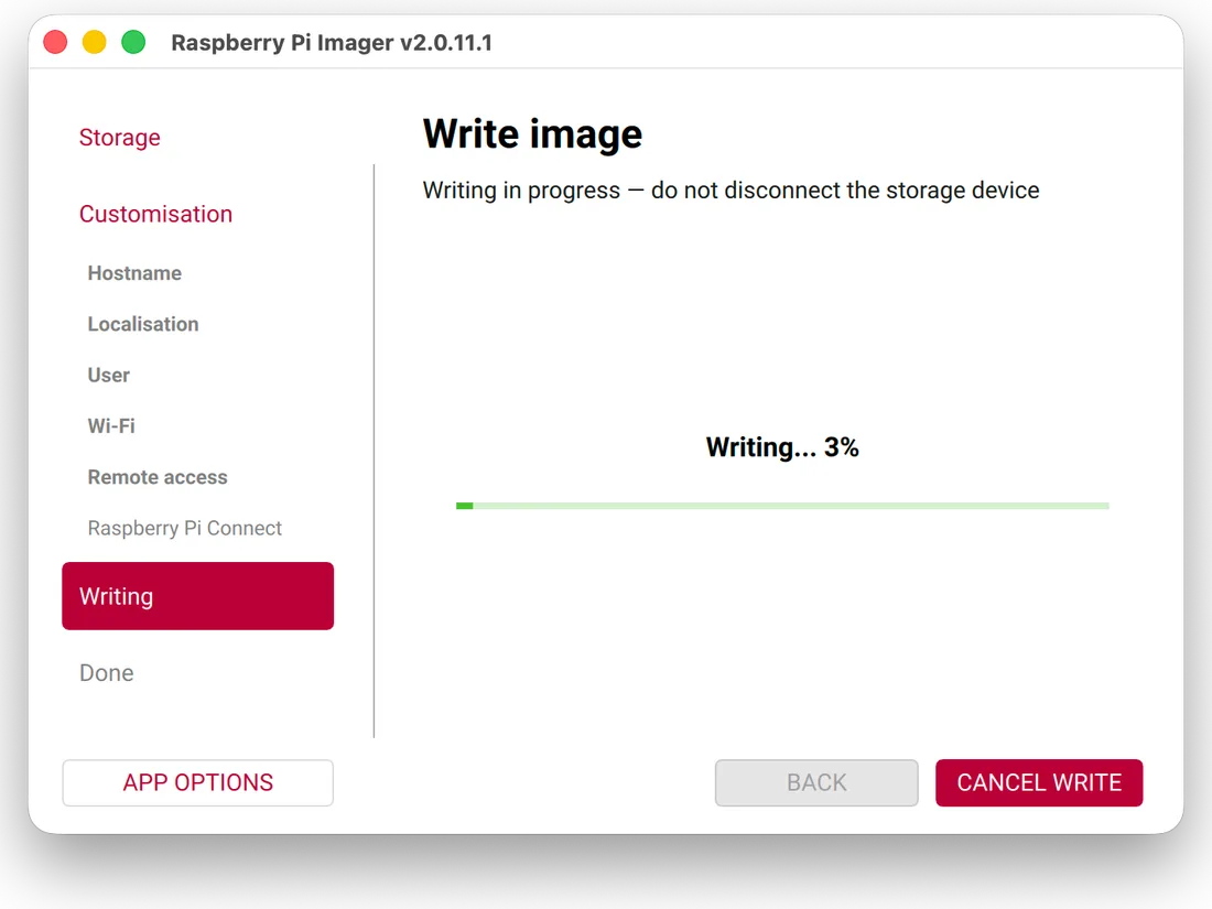 Imager: a “Writing…” progress bar.