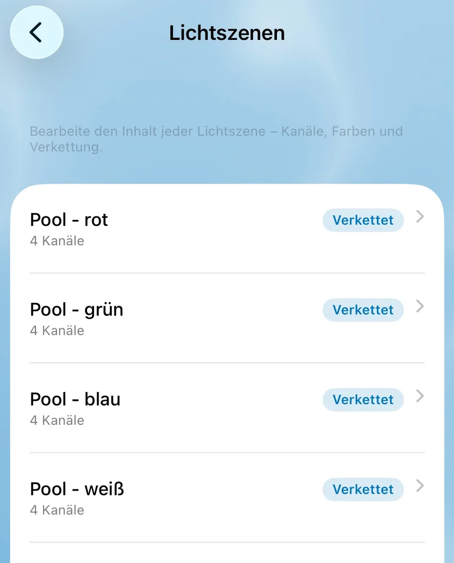 Lichtszenen in PoolPilot: Liste gespeicherter Szenen mit der Anzahl der geschalteten Kanäle.