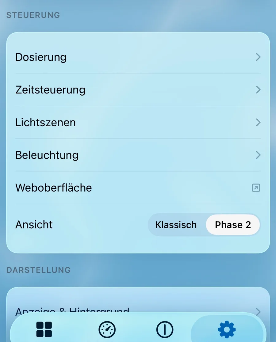 ProCon.IP-Steuerungsmenü in PoolPilot mit Dosierung, Zeitsteuerung, Lichtszenen, Beleuchtung und Weboberfläche.