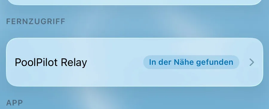 ProCon.IP-Einstellungen, Abschnitt Fernzugriff: Eintrag „PoolPilot Relay“ mit dem Hinweis „In der Nähe gefunden“.