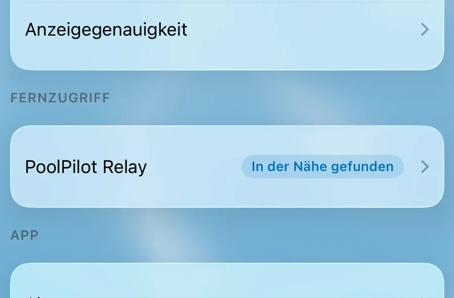 ProCon.IP-Einstellungen, Abschnitt Fernzugriff: Eintrag „PoolPilot Relay“ mit dem Hinweis „In der Nähe gefunden“.